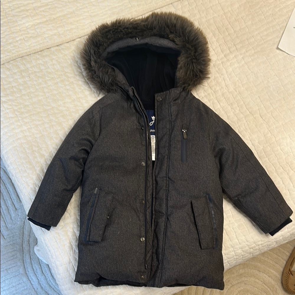 Jacadi Gray Kids Puffer Jacket with Faux Fur Hood